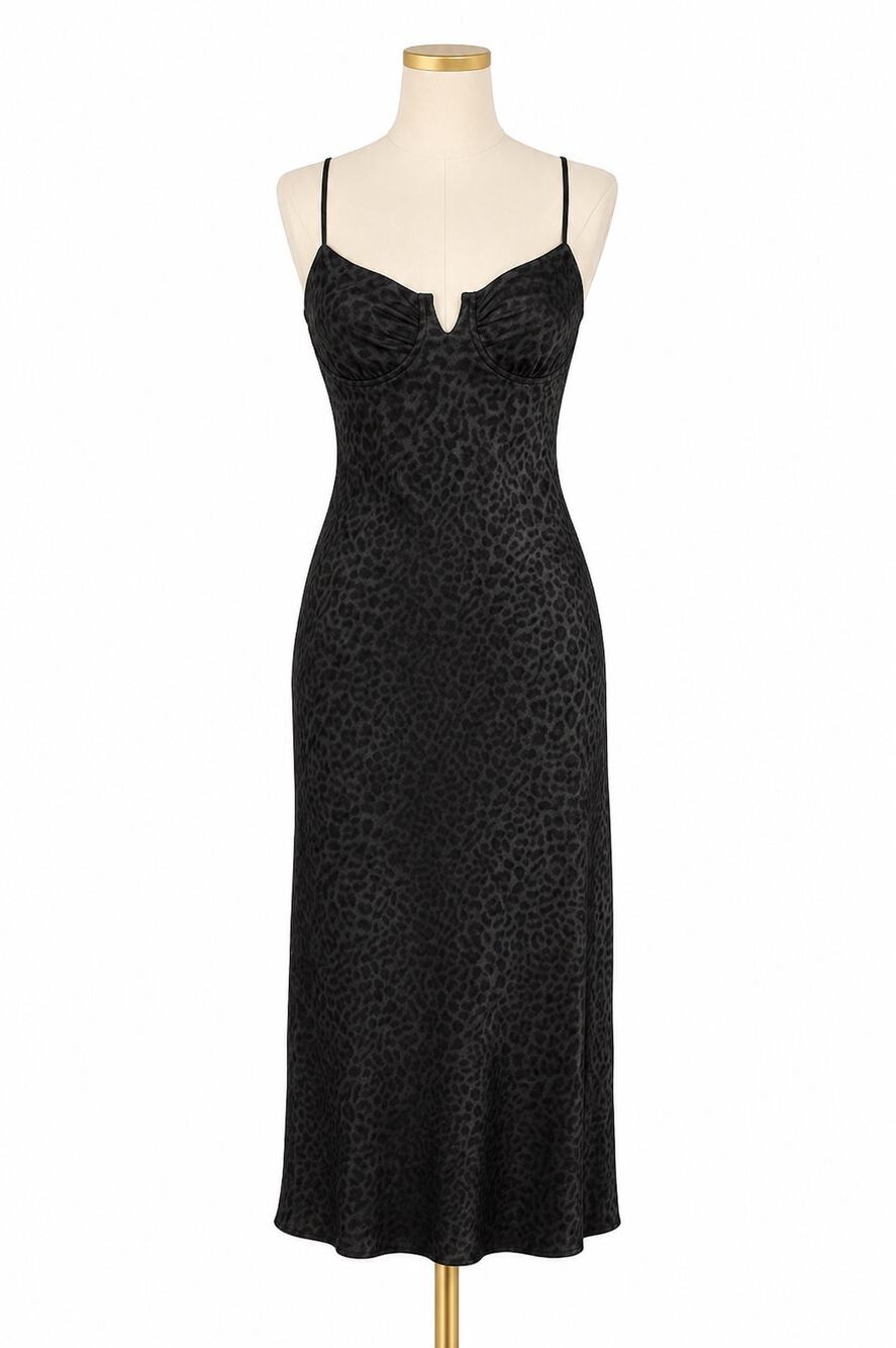 WAYF Black Animal Print Satin Slip Midi Dress - Size M - Date Night Chic